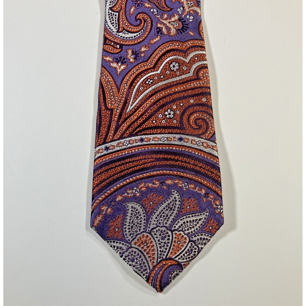 TALLIA Mens 100% Silk Neck Tie Orange Purple Paisley Floral 58"